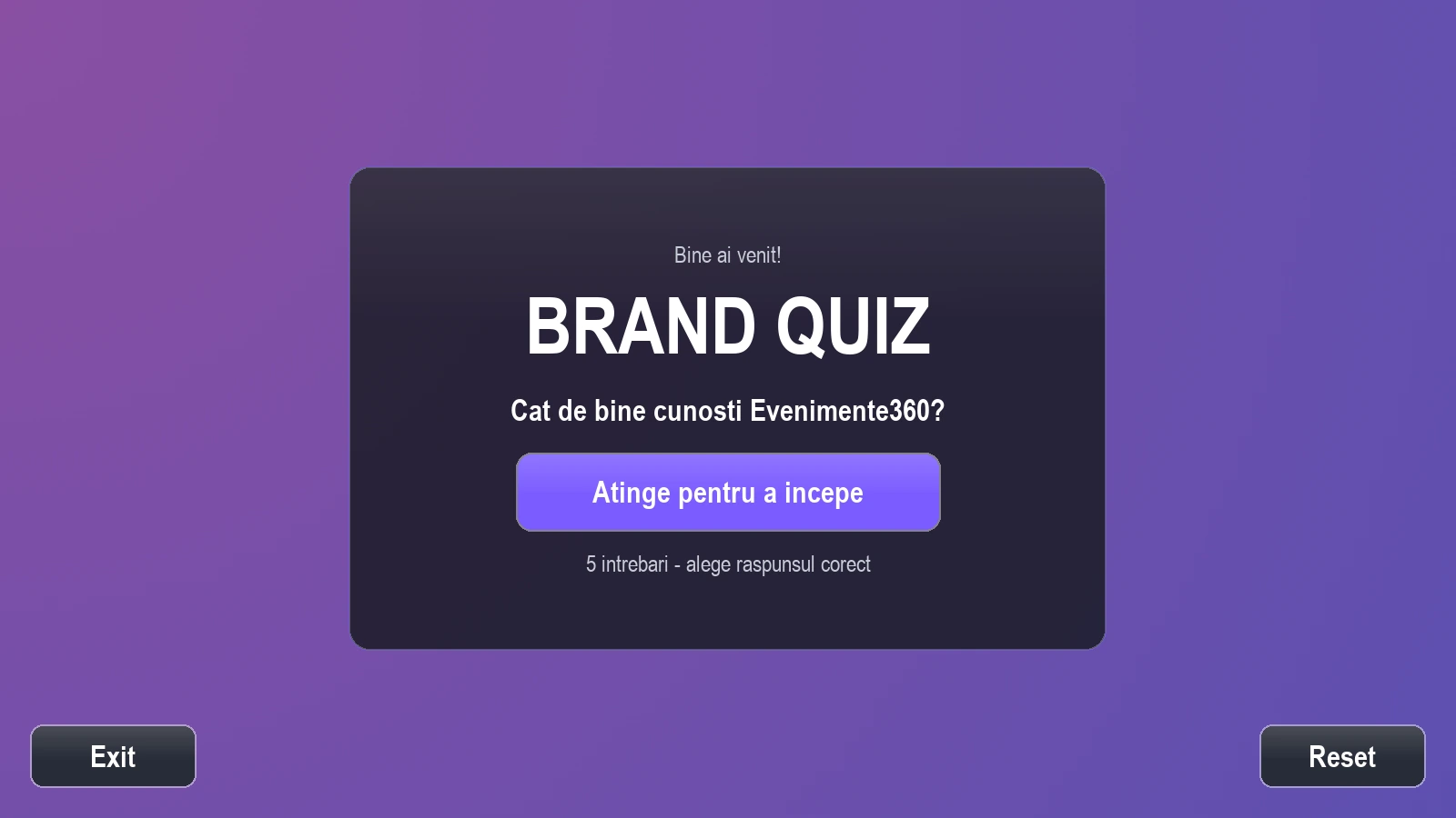 Joc interactiv Brand Quiz personalizat pentru evenimente, pe ecran touchscreen 43 inch