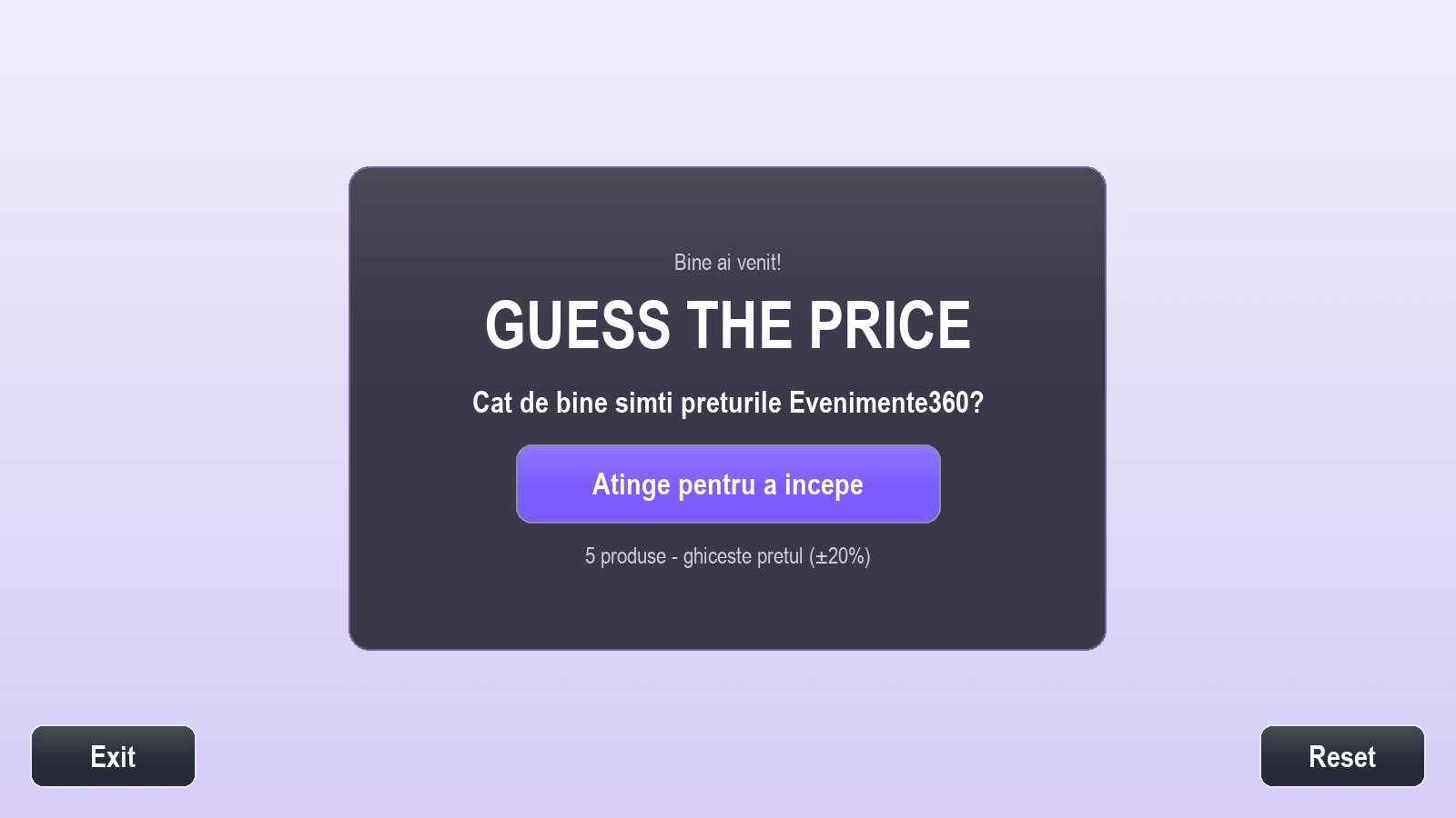 Joc interactiv Guess the Price personalizat pentru evenimente, pe ecran touchscreen 43 inch